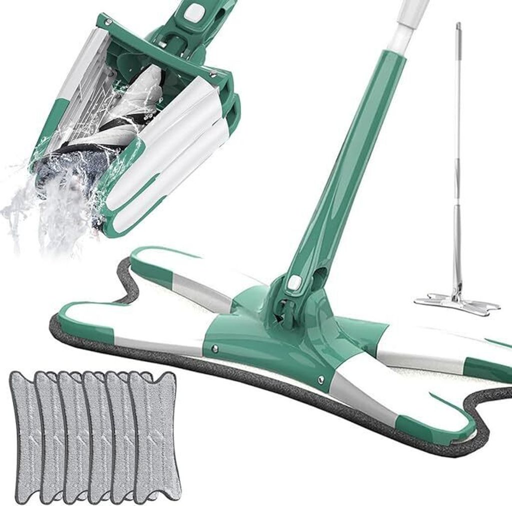 Bodenwischer X-förmiger großer Flachwischer, 360° drehbarer Flachwischer-Set, mit wiederverwendbaren Mikrofasermopps (Grün + 6 Pads)