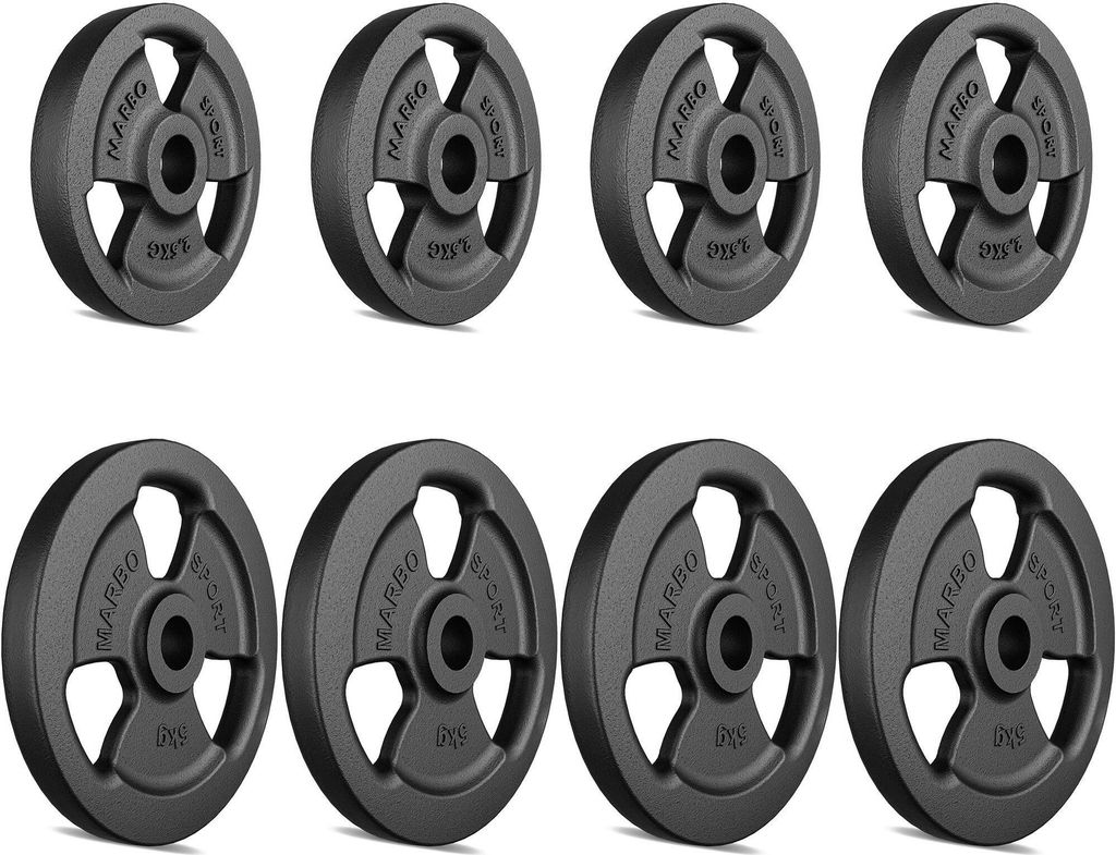 Marbo Sport Tri-Grip Guss Hantelscheiben-Set Gewichte mit ø30/31 mm Bohrung | Set 30 kg / 4 x 5 kg + 4 x 2,5 kg