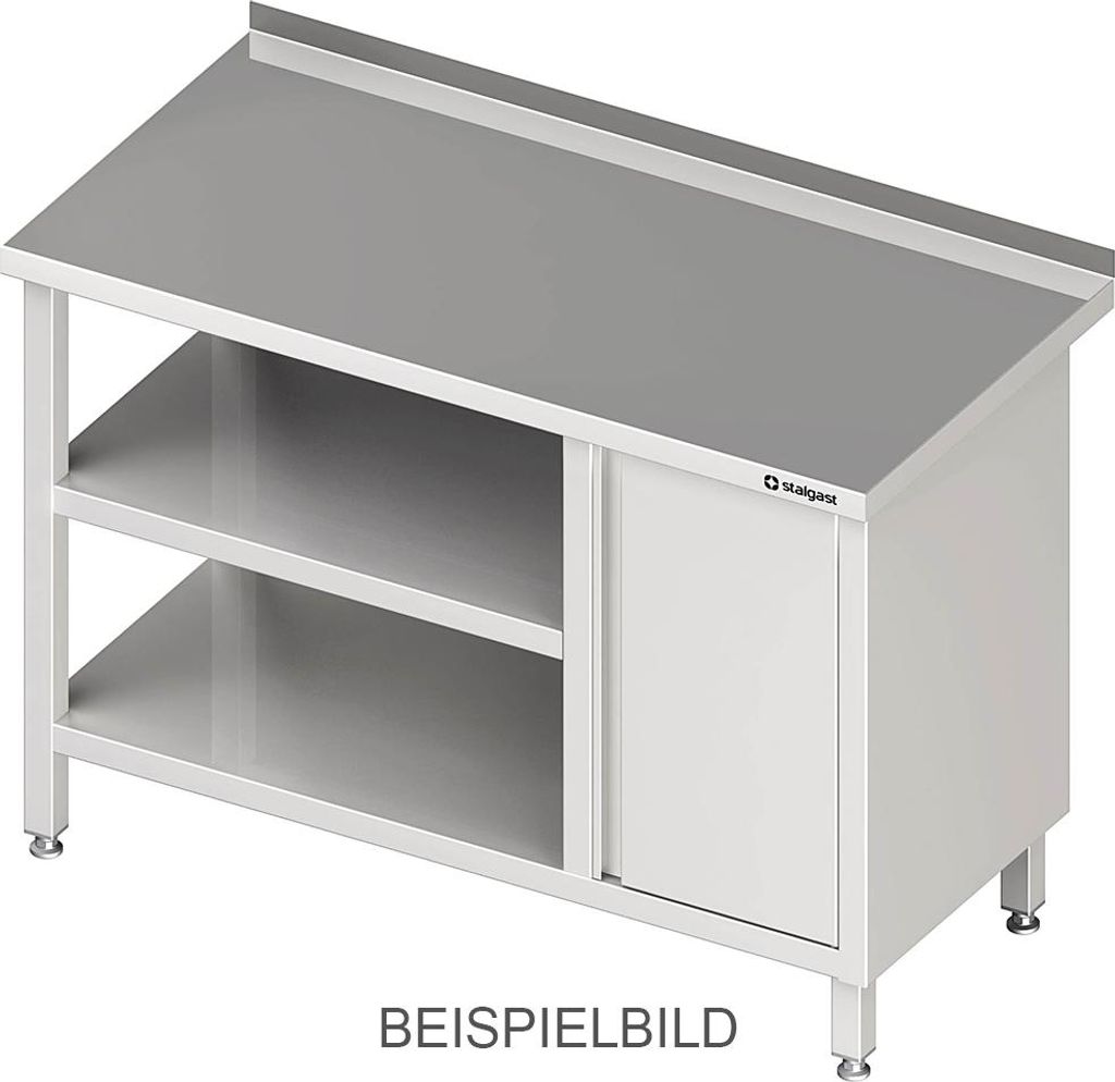 Arbeitstisch mit Grund- und Zwischenboden, 2300x700x850 mm, mit Flügeltürschrank links, mit Aufkantung, verschweißt