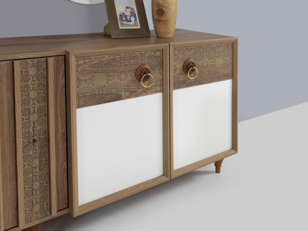 Esszimmer Set Tisch 4x Stühle Anrichte Set Garnitur Design Holz Textil
