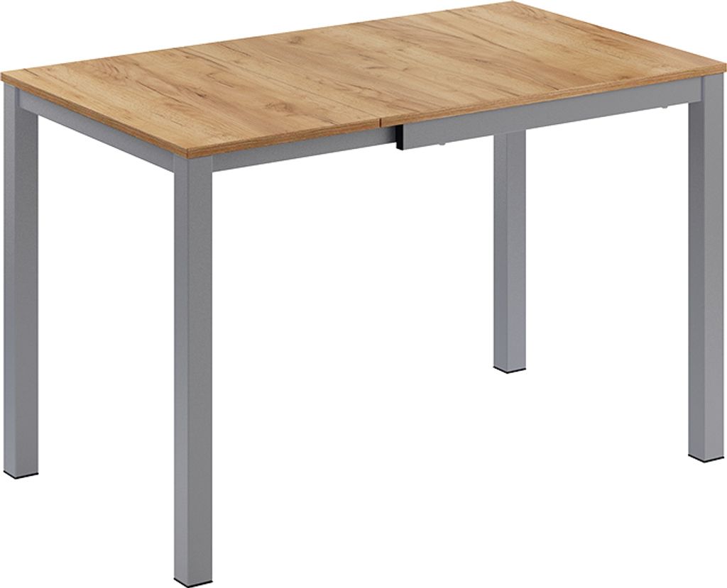 A dining table with a wood-effect top and gray metal legs, shown against a white background.