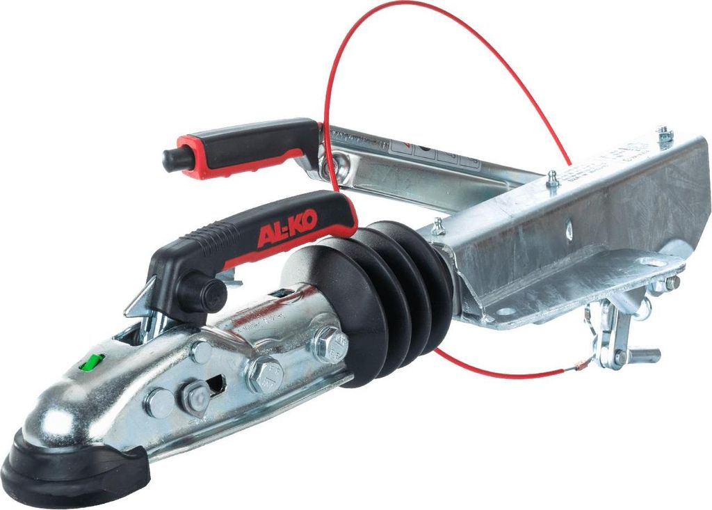A close-up studio shot of a trailer hitch mechanism.