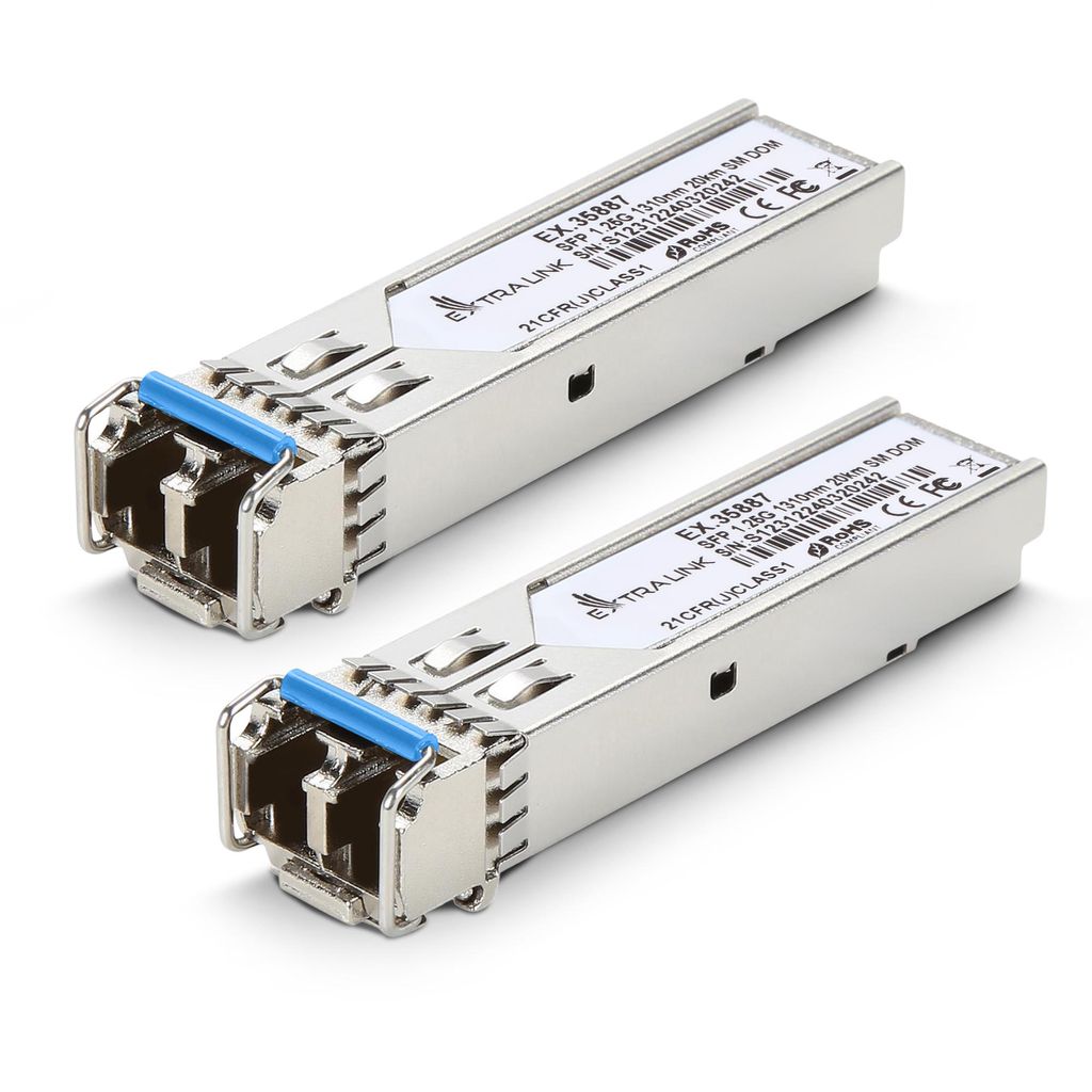 Extralink SFP 1.25G 2-Pack SFP-Modul 1,25Gbps, LC/UPC, 1310nm, 20km, Single Mode, DOM, Kompatibel mit Ubiquiti UniFi