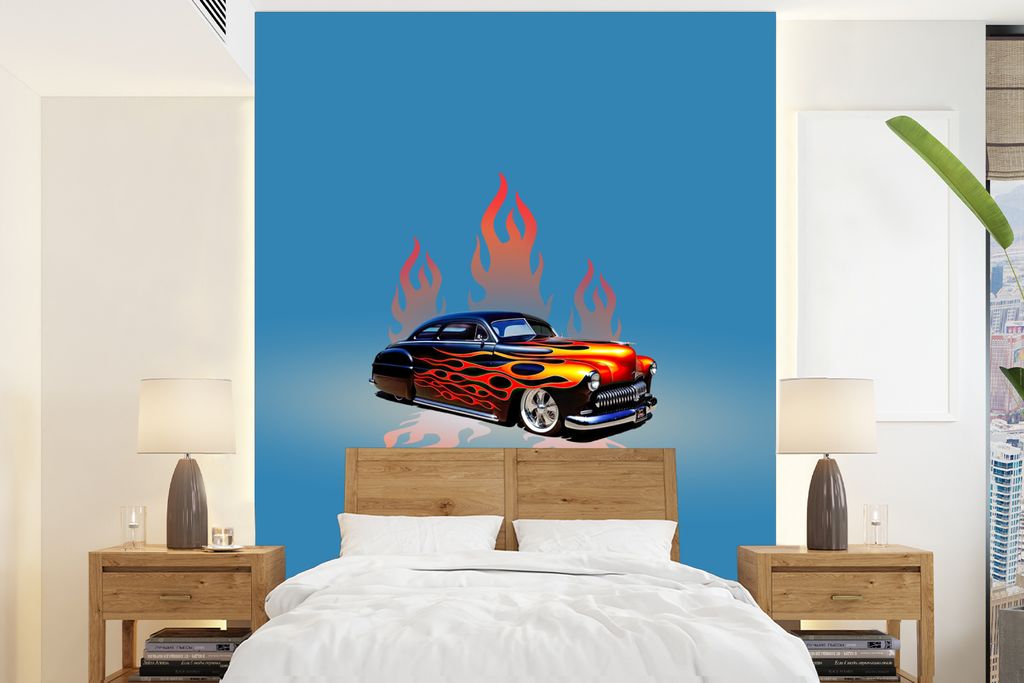 MuchoWow Fototapete für Wohnzimmer oder Schlafzimmer Wandtapete Vinyl Motivtapete Auto - Flammen - Feuer - Blau - Vintage - 160x220 cm - Bildsch...
