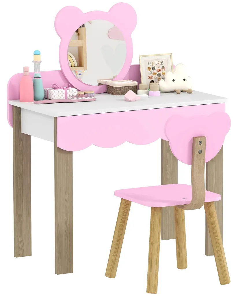 Coiffeuse enfant bois avec miroir de sécurité et tabouret - Modèle 2024