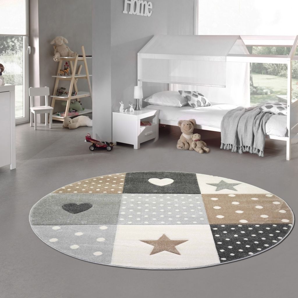 Kinderzimmer Teppich Spielteppich Herz Stern Punkte Design braun beige grau Größe - 120 cm Rund