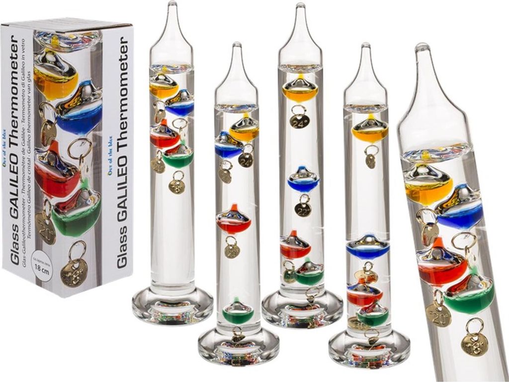 A product shot of multiple Galileo thermometers and their packaging.
