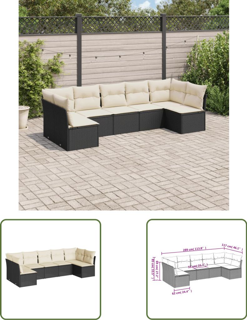 The Living Store 7-tlg. Garten-Sofagarnitur mit Kissen Schwarz Poly Rattan
