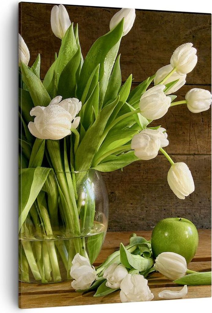 Bild auf Leinwand - Leinwandbild - Einteilig - Tulpen Apfel Blumenstrauß Frühling - 50x70cm - Wand Bild - Wandbilder - Leinwanddruck - Wanddekora...