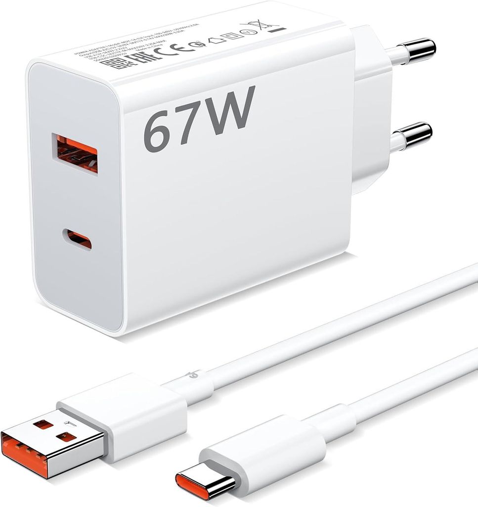A white USB-C charger and cable set against a white background.
