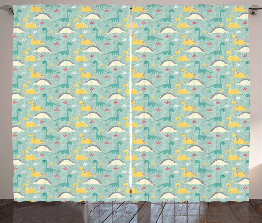 ABAKUHAUS Festa dei dinosauri Tenda rustica, Cartone animato infantile, Soggiorno Tenda universale con passanti e ganci, 280 x 175 cm, Multicolore