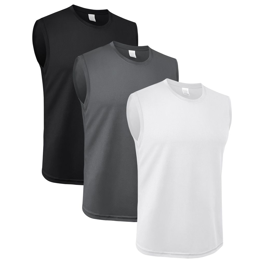 3 Stücke Herren Ärmelloses Atmungsaktives Tank Top für Fitness - Schwarz+Weiß+Grau L
