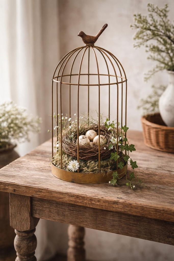 Dekorativer Vogelkäfig aus Edelrost, Vintage-Stil, 45 cm Höhe, 24 cm Durchmesser, mit Vogelfigur,