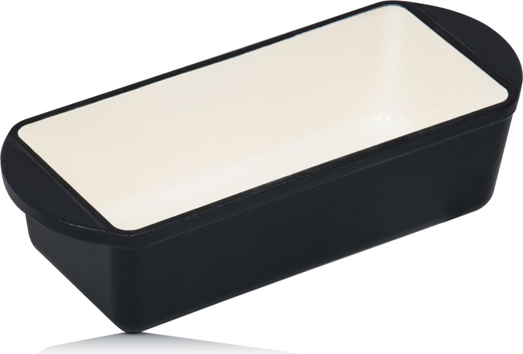 A black loaf pan with a white interior sits on a white surface.