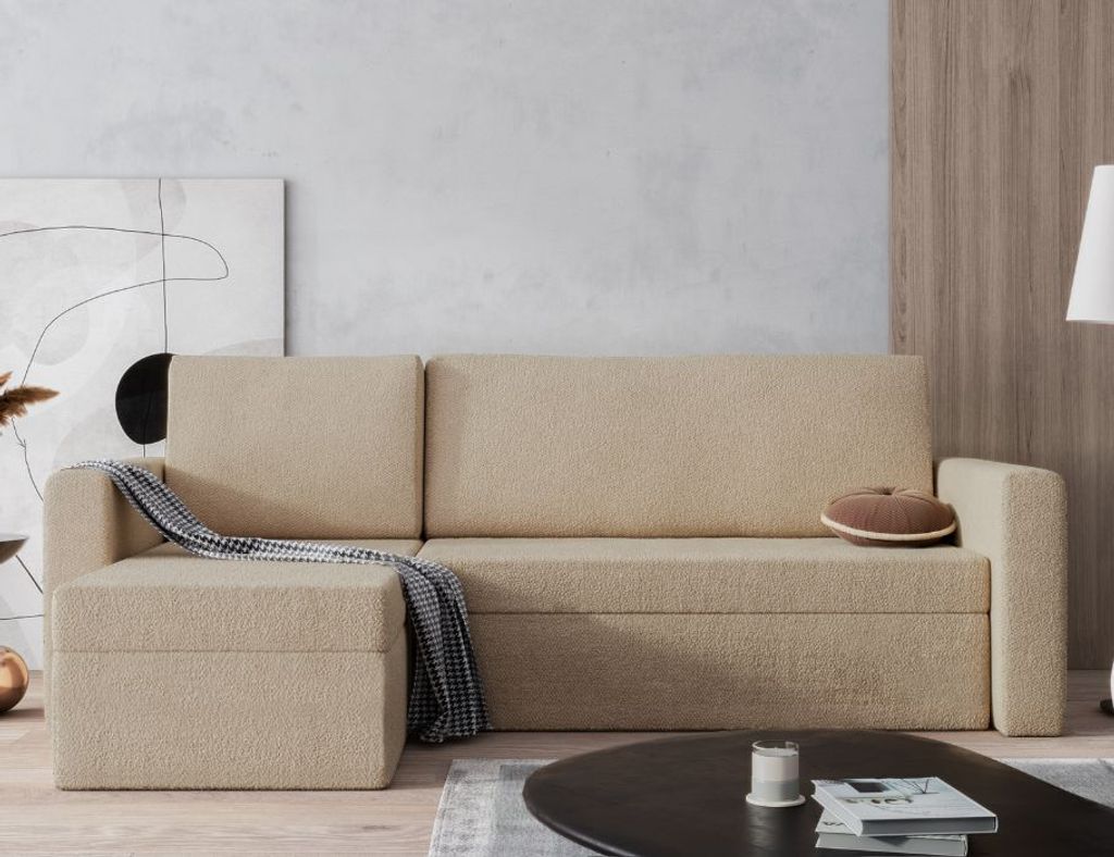 Easy4You Beige Ecksofa Horn Boucle in L-Form 237x96x143 cm mit Schlaffunktion und Bettzeugbehälter - Schlafsofa mit Bettkasten - Eckcouch mit Stau...