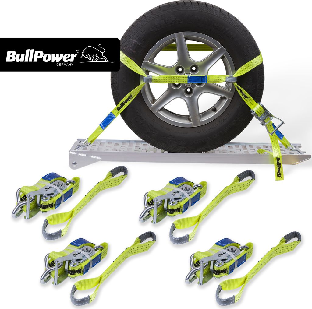 4x BullPower Spanngurte AZG151 - Autotransport PKW Zurrgurte Reifengurte Transportsicherungen 35mm - LC 3000 kg / daN mit Trapezband, Ratsche und H...