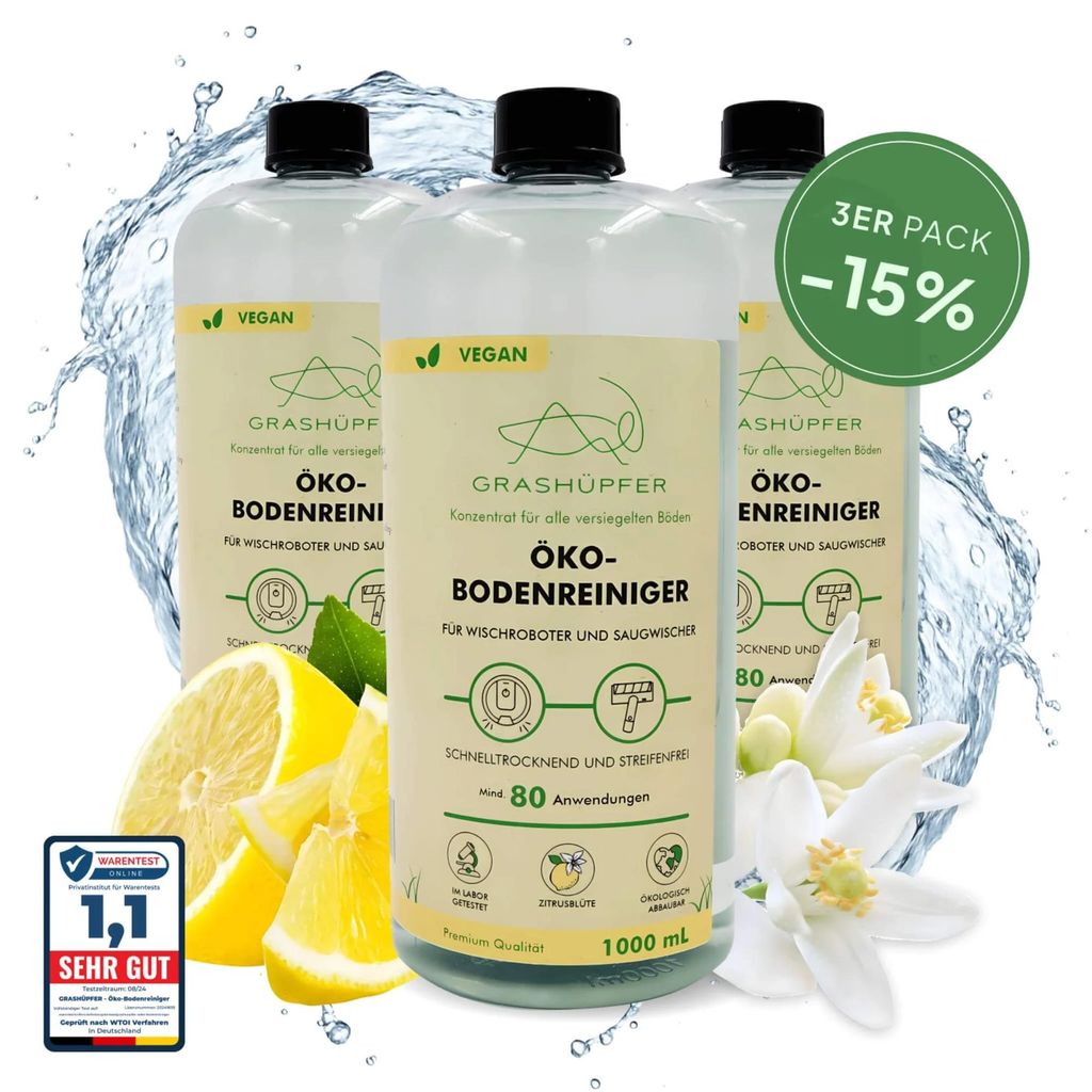 3er Set - GRASHÜPFER Wischroboter Reinigungsmittel I Öko-Bodenreiniger Mittel 3 x 1000 ml "Zitrusblüten Duft"