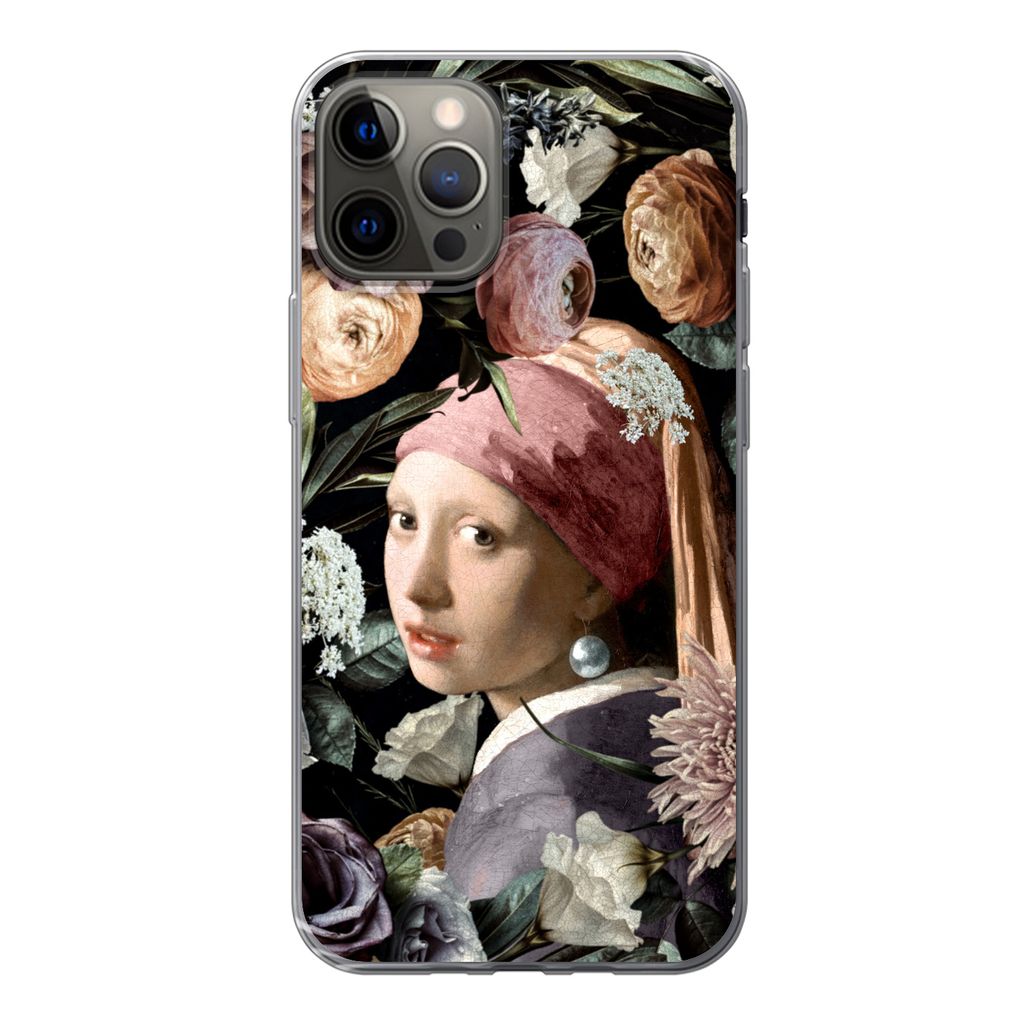 MuchoWow Handyhülle Schutzhülle Hülle für iPhone 13 Pro Mädchen mit Perlenohrring - Blumen - Vermeer - Pastell - Kunstwerk - Gemälde - Alte...