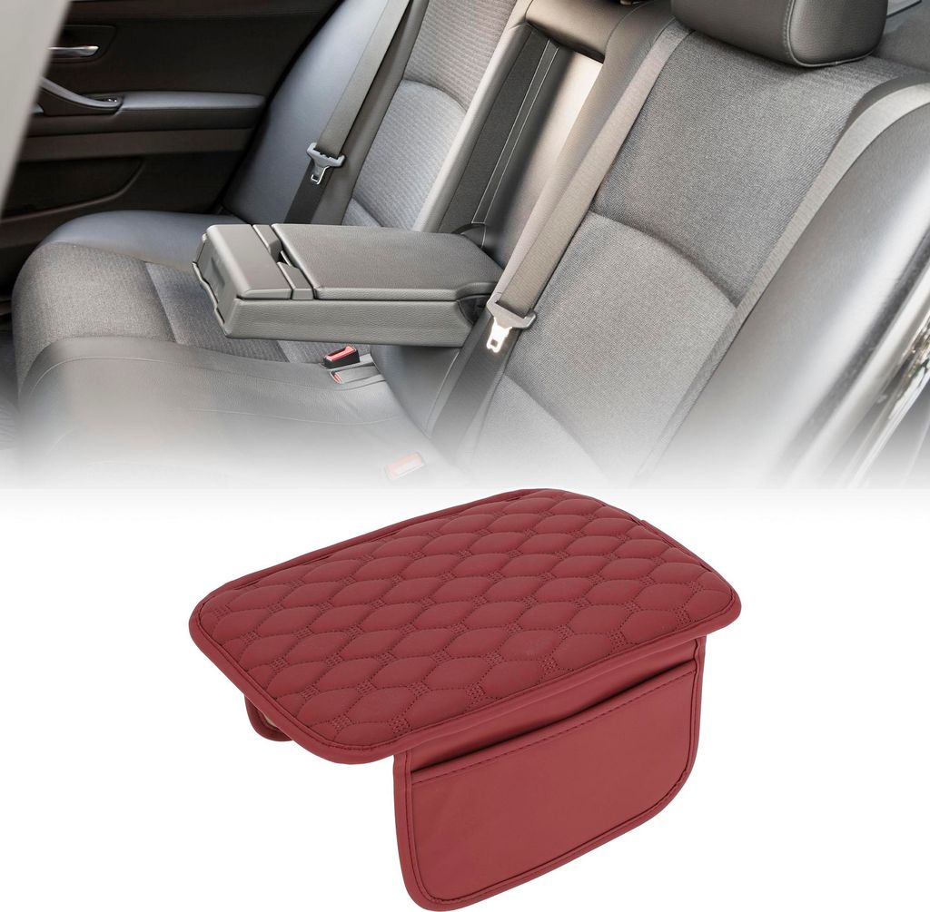 Auto-Armlehnenpolster mit Aufbewahrungstaschen 30x21cm Mittelkonsole Abdeckung Armlehnen Sitzbox Abdeckung Kunstleder Rot