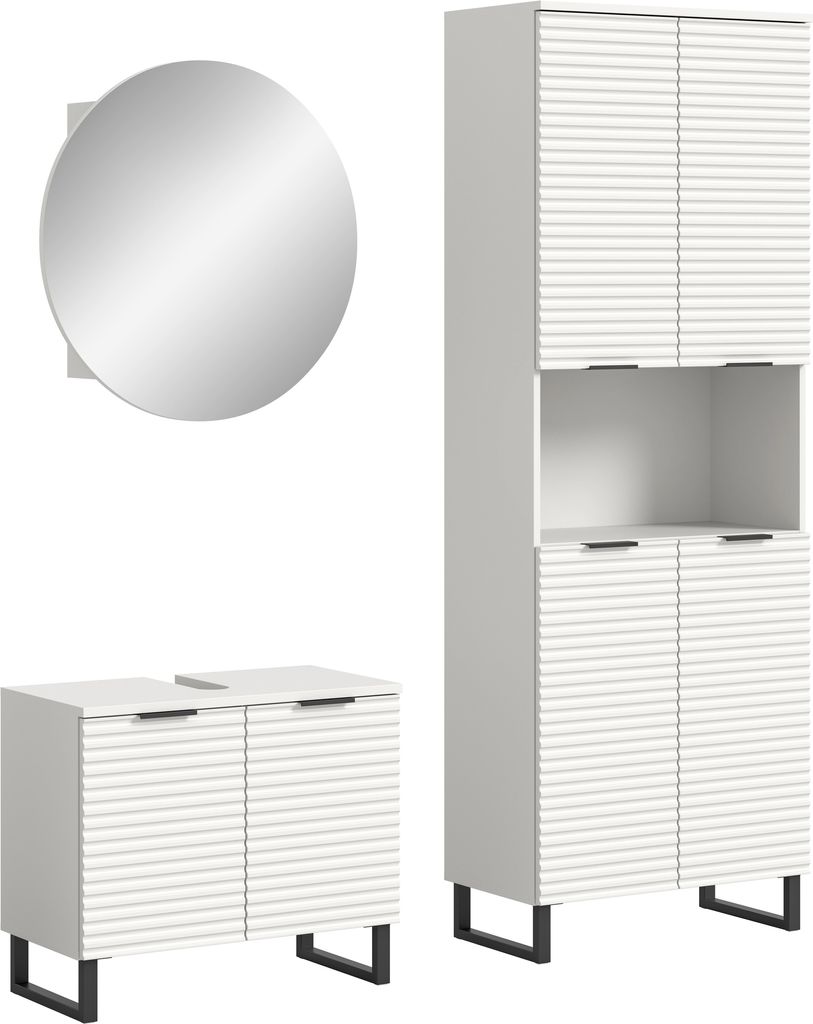 Badezimmer-Set >Riff< (3-teilig) wertige Rillenoptik Weiß / Spiegel - 155x193x34cm (BxHxT)