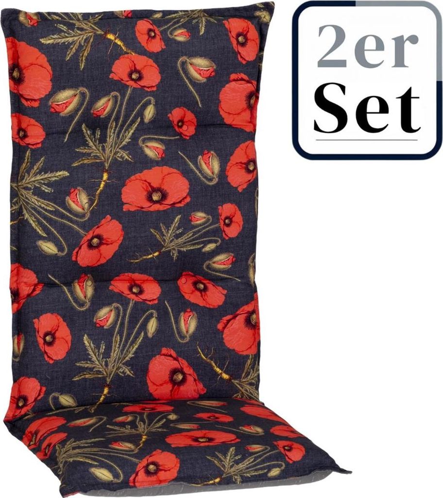 2er Set Hochlehner Auflage Trondheim, Motiv - Mohnblüte, blau, 118x46x8cm