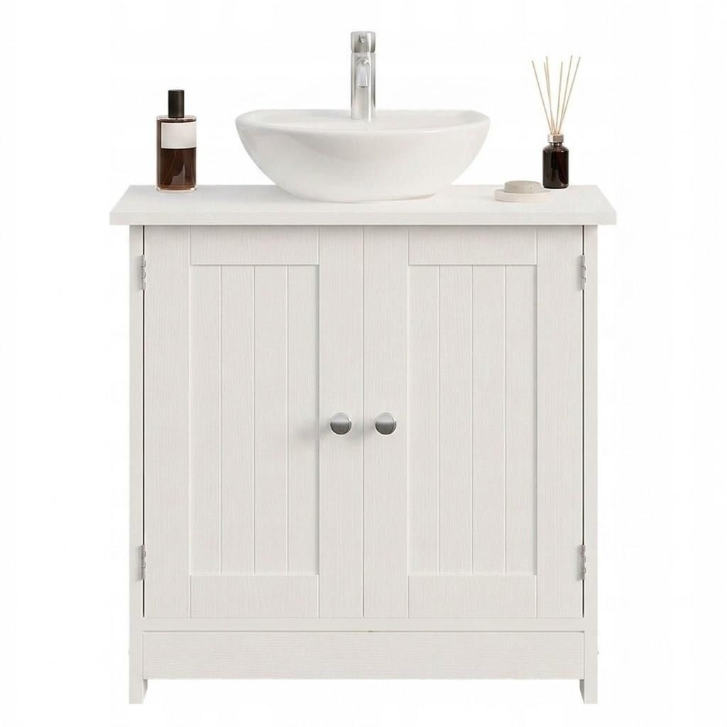 Meuble sous-vasque blanc avec portes, étagères en bois et Image du produit 