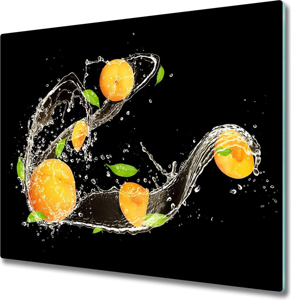 Glas Herdabdeckplatte 60x52 cm Spritzschutz Glasabdeckplatte Schneidebrett Aprikosen und Wasser