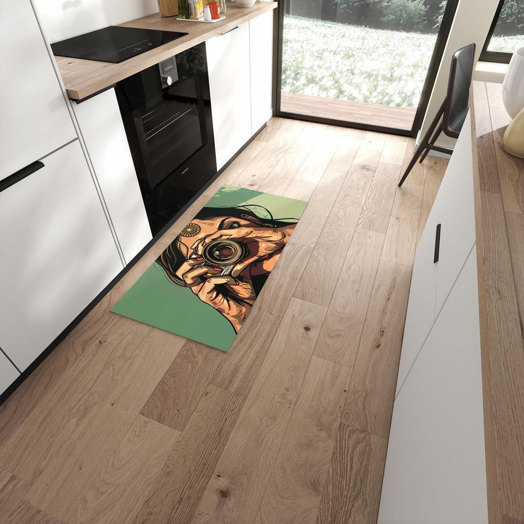 Küchenteppich 60x120cm rutschfest & abwischbar PVC Läufer - Frau Mit Kamera