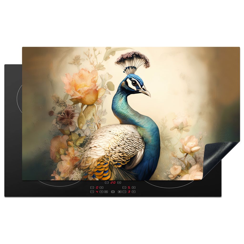 KitchenYeah Herdabdeckplatte Pfau - Pfauenfedern - Blumen - Botanisch , 85x52cm, Küche Deko, Glaskeramikkochfeld Herdabdeckung, Abdeckplatte fù...