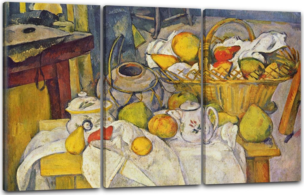 Leinwandbild 3-teilig (120x80cm): Paul Cézanne - Stillleben mit Korb, echter Holz-Keilrahmen inkl. Aufhänger, handgefertigt in Deutschland