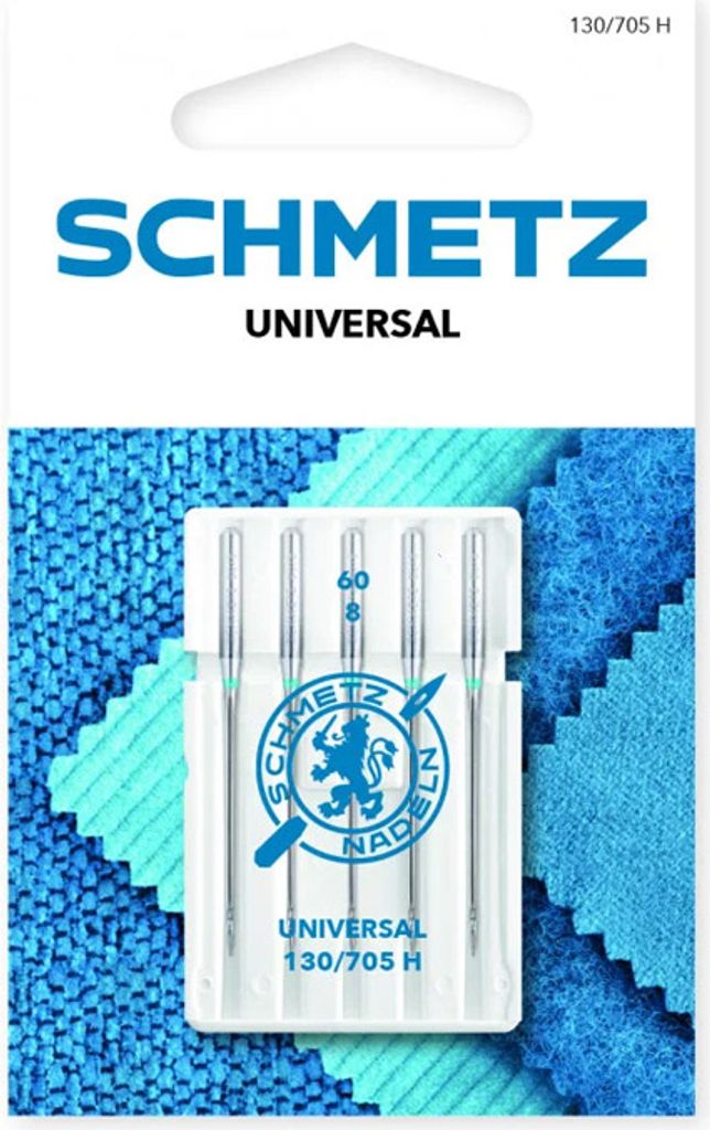 A package of Schmetz Universal sewing machine needles with a blue and teal fabric background.