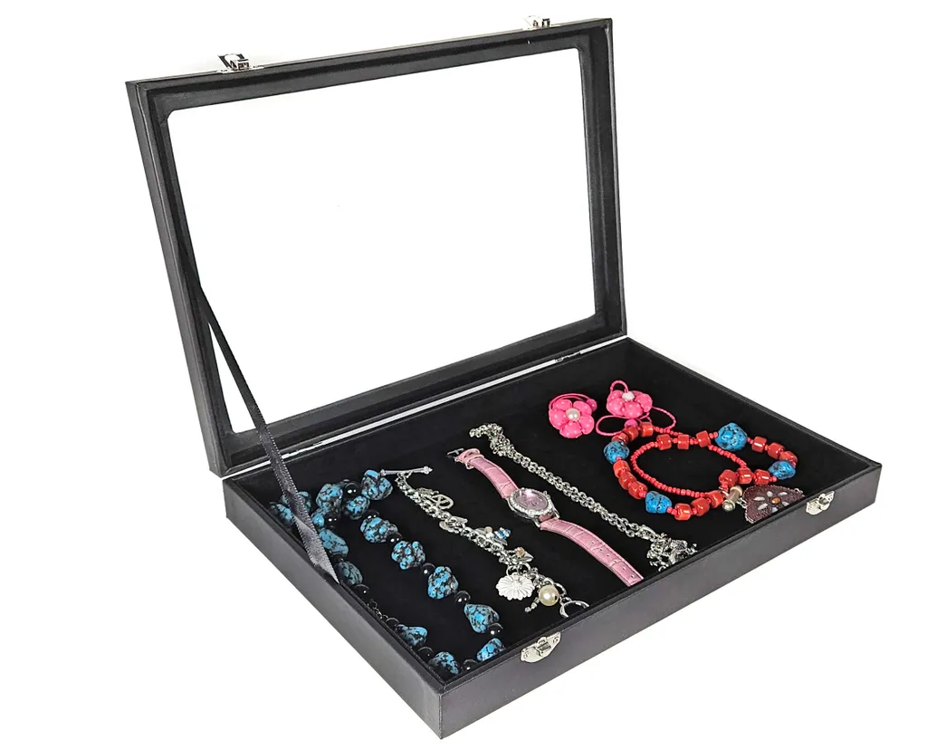 Boîte à bijoux vitrine avec couvercle en verre et tiroir de rangement
