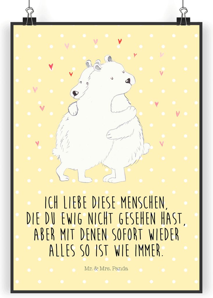 Mr. & Mrs. Panda Poster Eisbär Umarmen DIN A4 - Gelb Pastell - Geschenk, Deko Bild, wanddeko, drucke, Lustige Sprüche, Wandbild, Wanddekoration