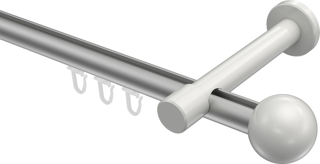Interdeco Innenlaufstange / Gardinenstange mit Innenlauf Silbergrau / Weiß, Typ Prestige Luino (Kugel), 20 mm Ø 1-läufig, 220 cm