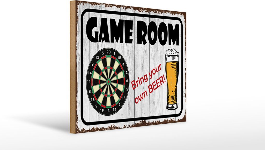 Holzschild Dart Game Room bring your Beer, 40x30 cm, Holzschilder Spruch Sport Hobby