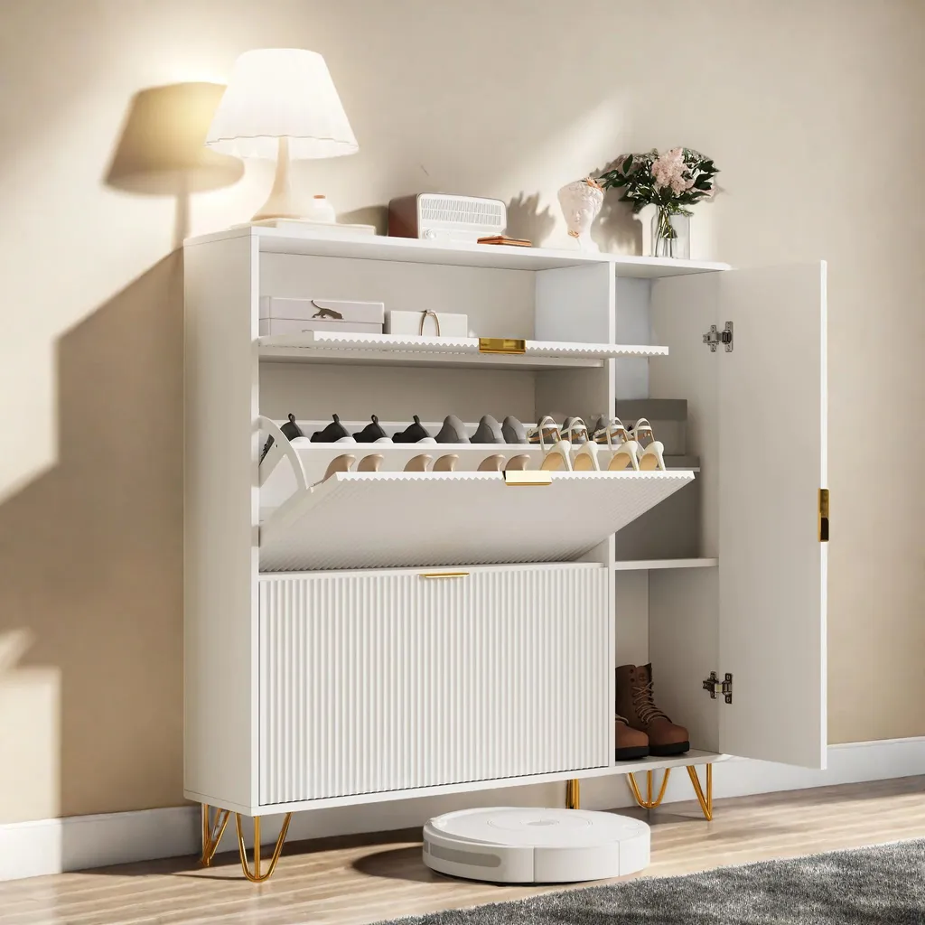 Meuble à chaussures blanc A avec compartiment bottes - Design bois