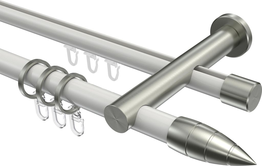 Interdeco Rundrohr-Innenlaufstange / Gardinenstange (Kombination) Weiß / Edelstahl-Optik, Typ Platon Samanto (Rillenpatrone), 20 mm Ø 2-läufig, ...