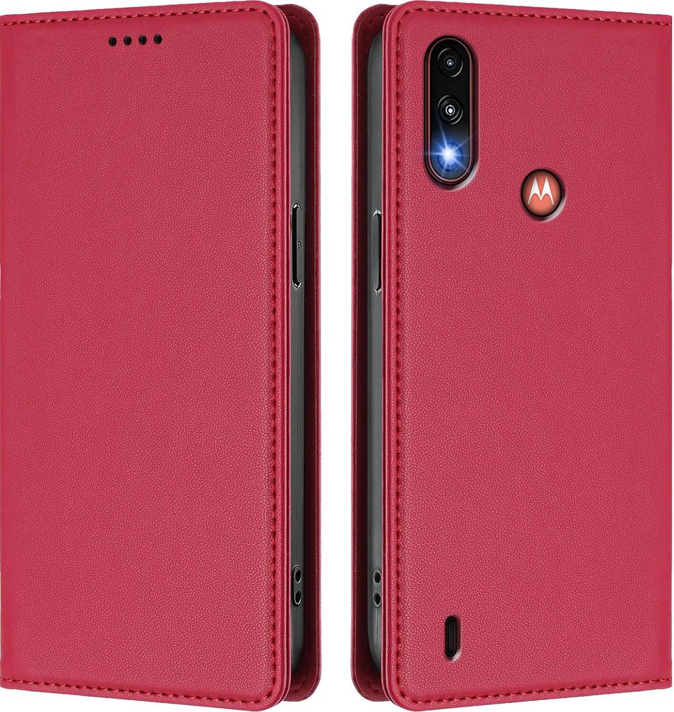 Handyhülle für Motorola Moto E7 Power, Kunstleder Klapphülle Stoßfeste Magnetische Hülle mit Ständer Rot
