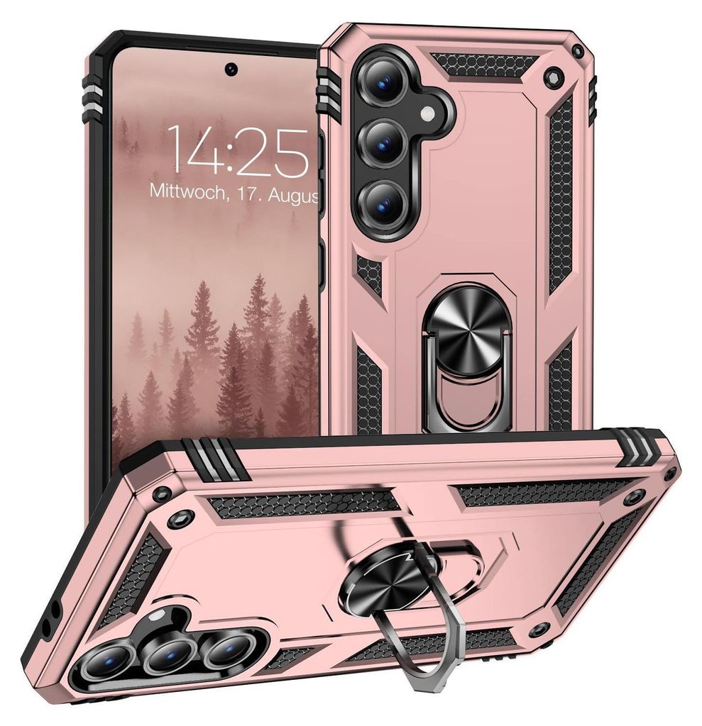 A rose gold phone case with a ring stand is displayed from multiple angles, showing a phone screen with a forest image and time.