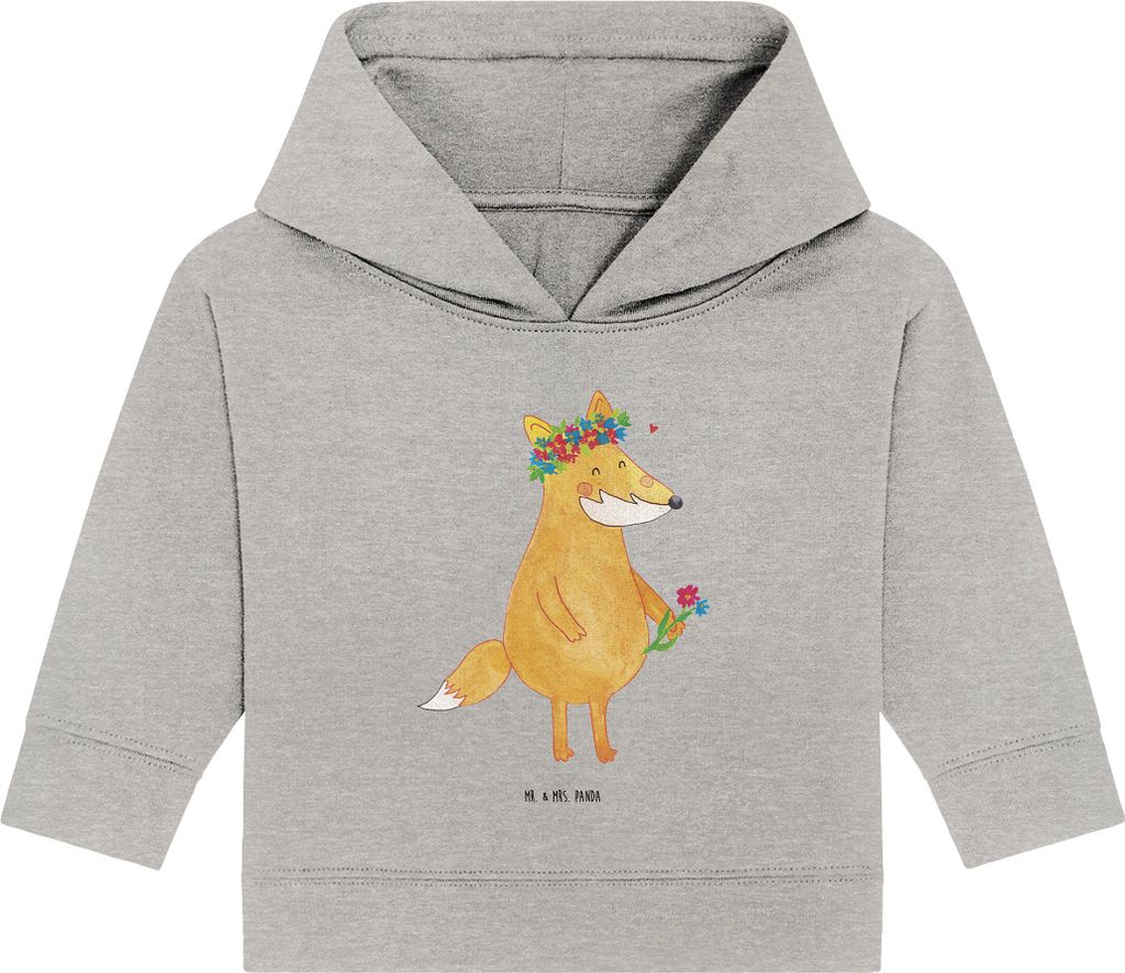 Mr. & Mrs. Panda Organic Baby Hoodie Fuchs Blumen 12. - 18. Monat - Heather Grey - Geschenk, Blumenliebe, Kapuzenshirt, Kapuzensweatshirt, Liebe, M...