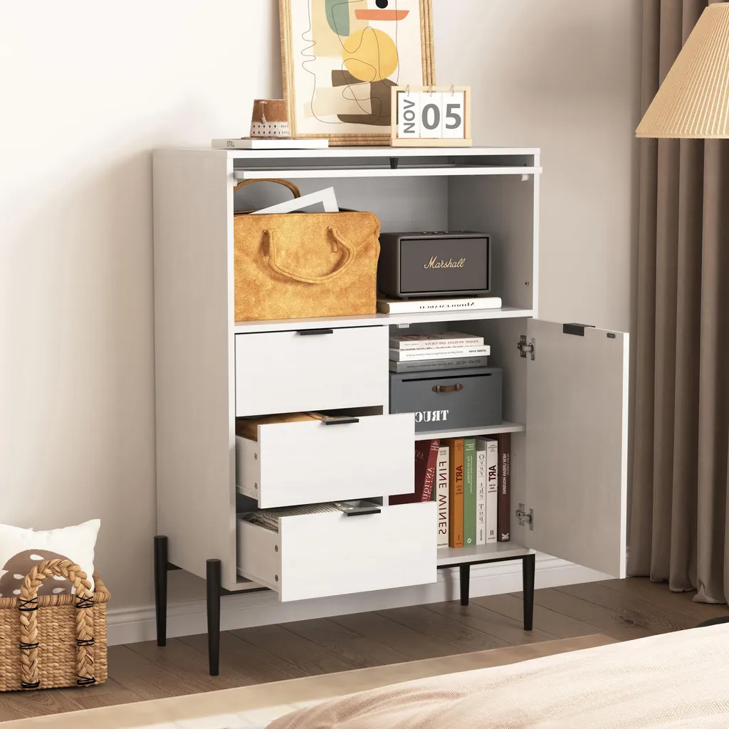 Bahut de cuisine moderne blanc en bois avec vitrine et grands tiroirs