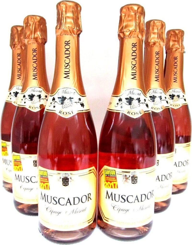 A group of six bottles of Muscador Rosé wine.