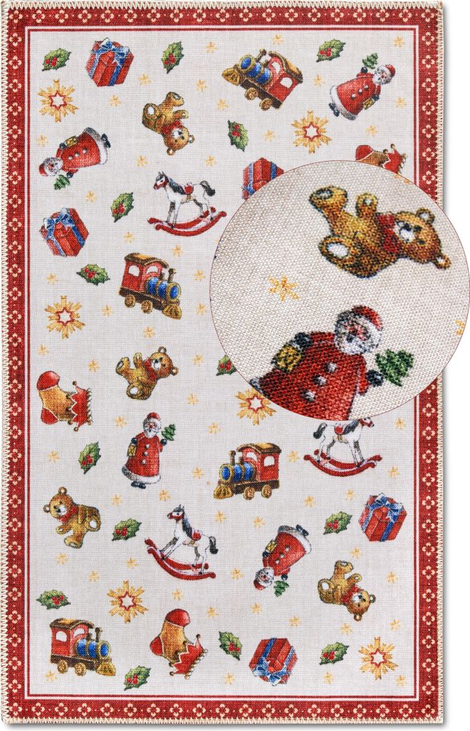 A Christmas-themed rug with various toys and festive elements.