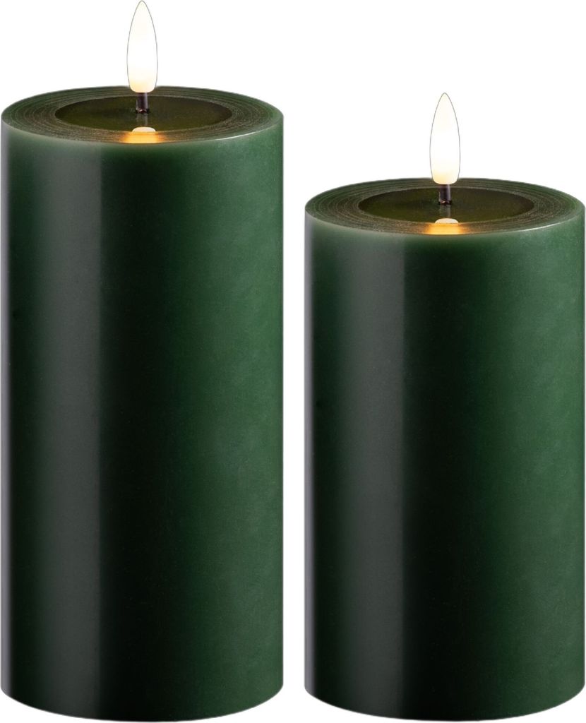 2er Set Led Kerzen flackernde Flamme mit Echtwachspiegel grün 7,5cm ø 1x 15 cm, 1x12,5 cm Höhe, LED Kerzen mit Timerfunktion, 2 AA Batterien nö...