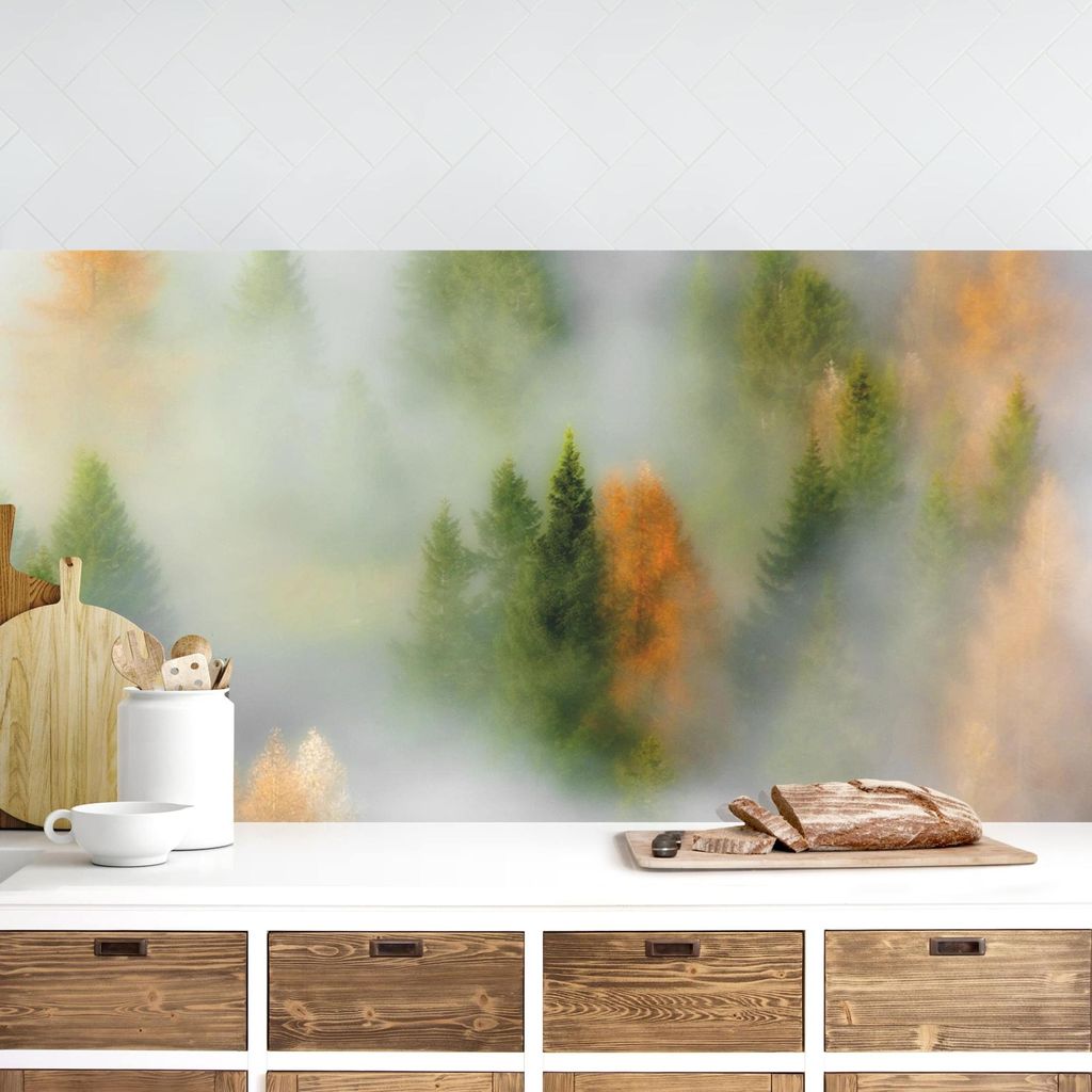 Küchenrückwand Wald selbstklebend - 0.35 mm Wandpaneel wasserfest Wald grau Motiv Spritzschutz fugenlos