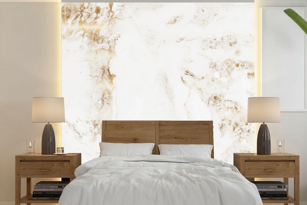 MuchoWow Fototapete für Wohnzimmer oder Schlafzimmer Wandtapete Vinyl Motivtapete Marmor - Gold - Weiß - Muster - 280x280 cm - Hintergrundbild