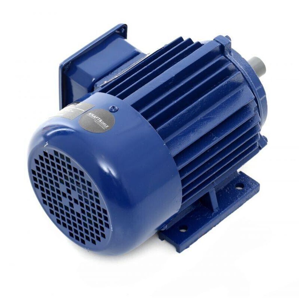 A blue electric motor is shown against a white background.