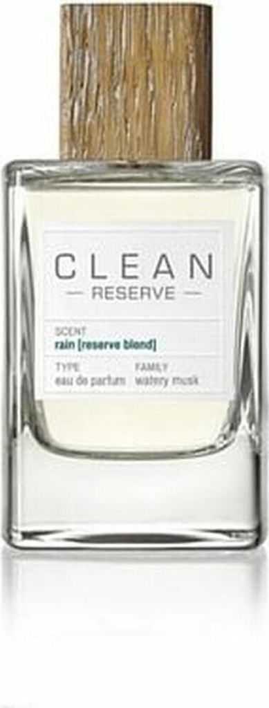 A bottle of Clean Reserve Rain perfume with a wooden cap.