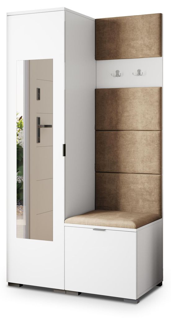 Masseno Garderobe-Set VIRA 95/181/51 cm Modern Garderobenschrank Weiß, Veloursstoff MONOLITH 09 (Beige)