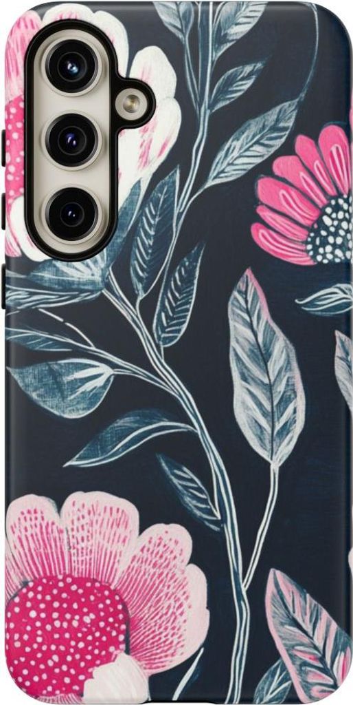 Leuchtend pinkes Blumenmuster auf Dunkelblau – Hülle Kompatibel mit Samsung Galaxy S24 Plus